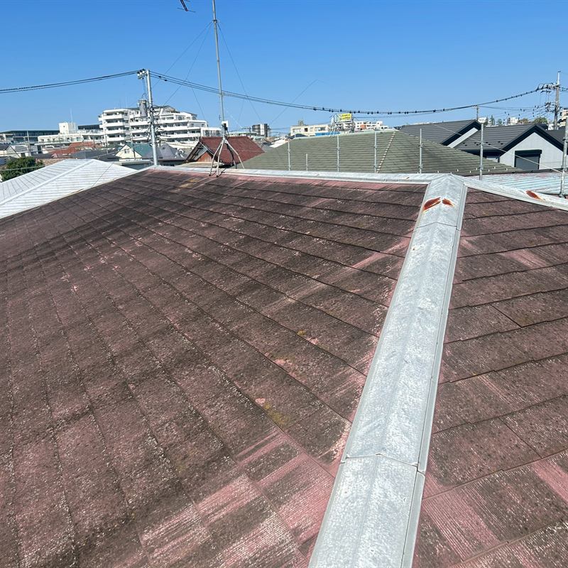 色あせとコケが目立つ、施工前のスレート屋根